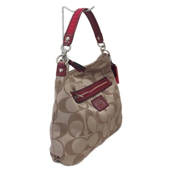 Auth COACH Daisy Poppy Signature Hobo F20064 Khaki Red Jacquard Patent Leather - Picture 4 of 12